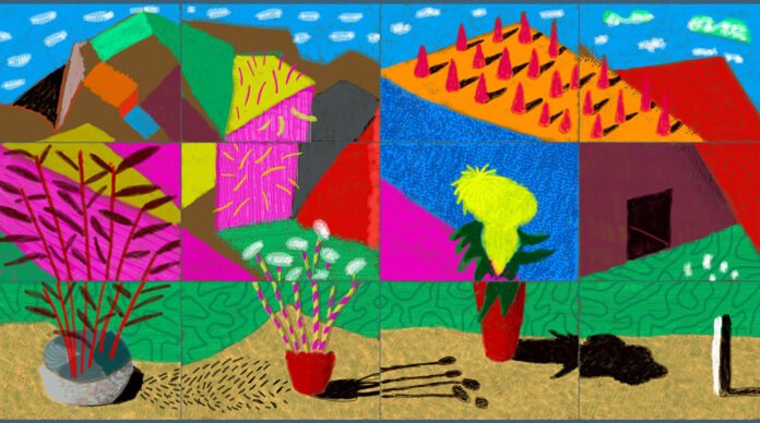 David Hockney’s Landscape with Shadows, a colorful 2021 iPad artwork made of twelve panels.